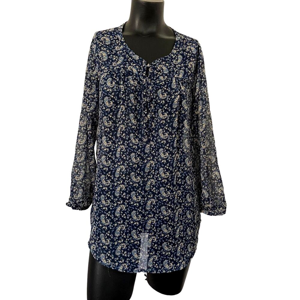 Lucky Brand Tunic Blouse Women Sz M Sheer Blue Paisley Floral Boho Cottage